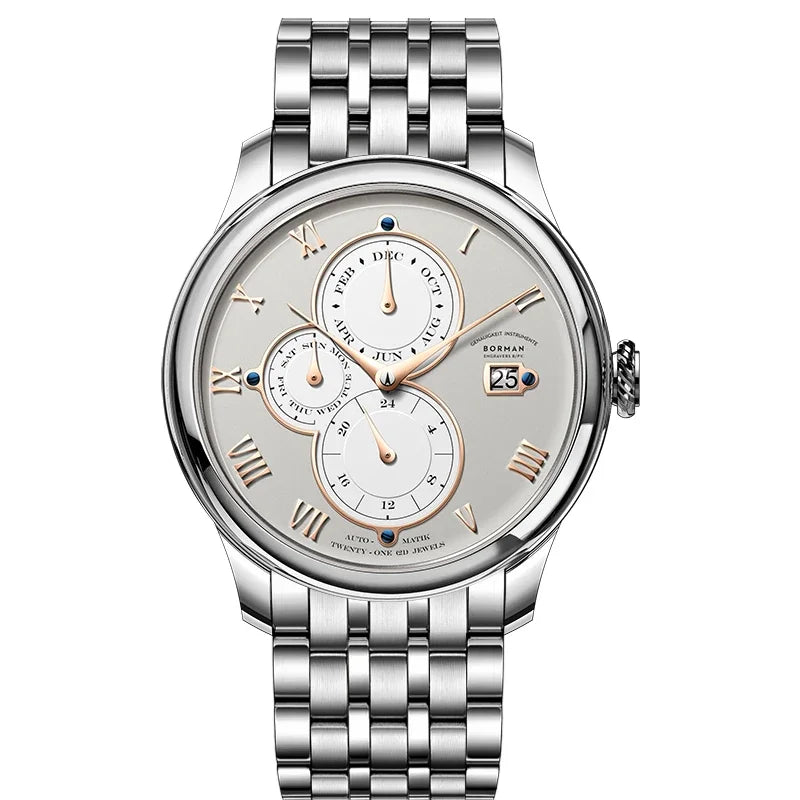 Marca de luxo BORMAN: Relógios mecânicos automáticos para homem, com cristal de safira, resistentes à água até 50 m, mostrador multifunções e bracelete em pele de estilo retro – BM18011