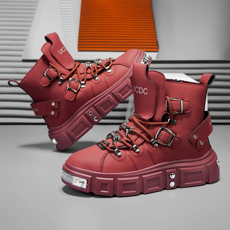 Fashion Rivet Black High top Sneakers Men Leather Design Luxury Shoes Street Gothic Punk Boots Men Motorcycle Boots Big Size 46
