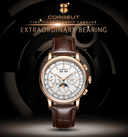 CORGEUT Automatic Mechanical Luxury Watches For Man Business Multification Date Day Month Year 316L Mechanical Men's Watches