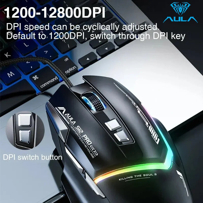 Ratón mecánico con cable AULA S12Pro 1000HZ 12800DPI RGB de baja latencia con macros configurables para esports, accesorios gaming para PC