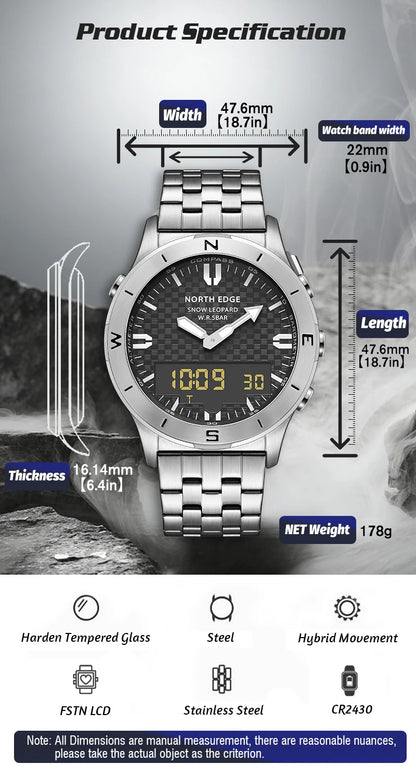 NORTH EDGE Men's Sports Digital Watches Business Luxury Watch For Men Waterproof 50M Altimeter Barometer Compass Luminous Clock