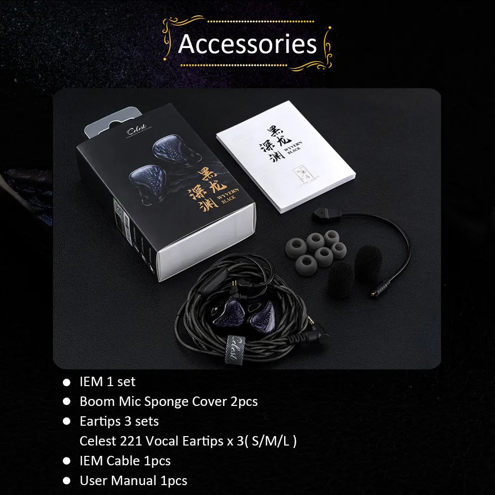 Celest Wyvern Black In-Ear Monitor Wired IEM Gaming Earbuds with Microphone HiFi Bass 10mm Driver Detachable Cable