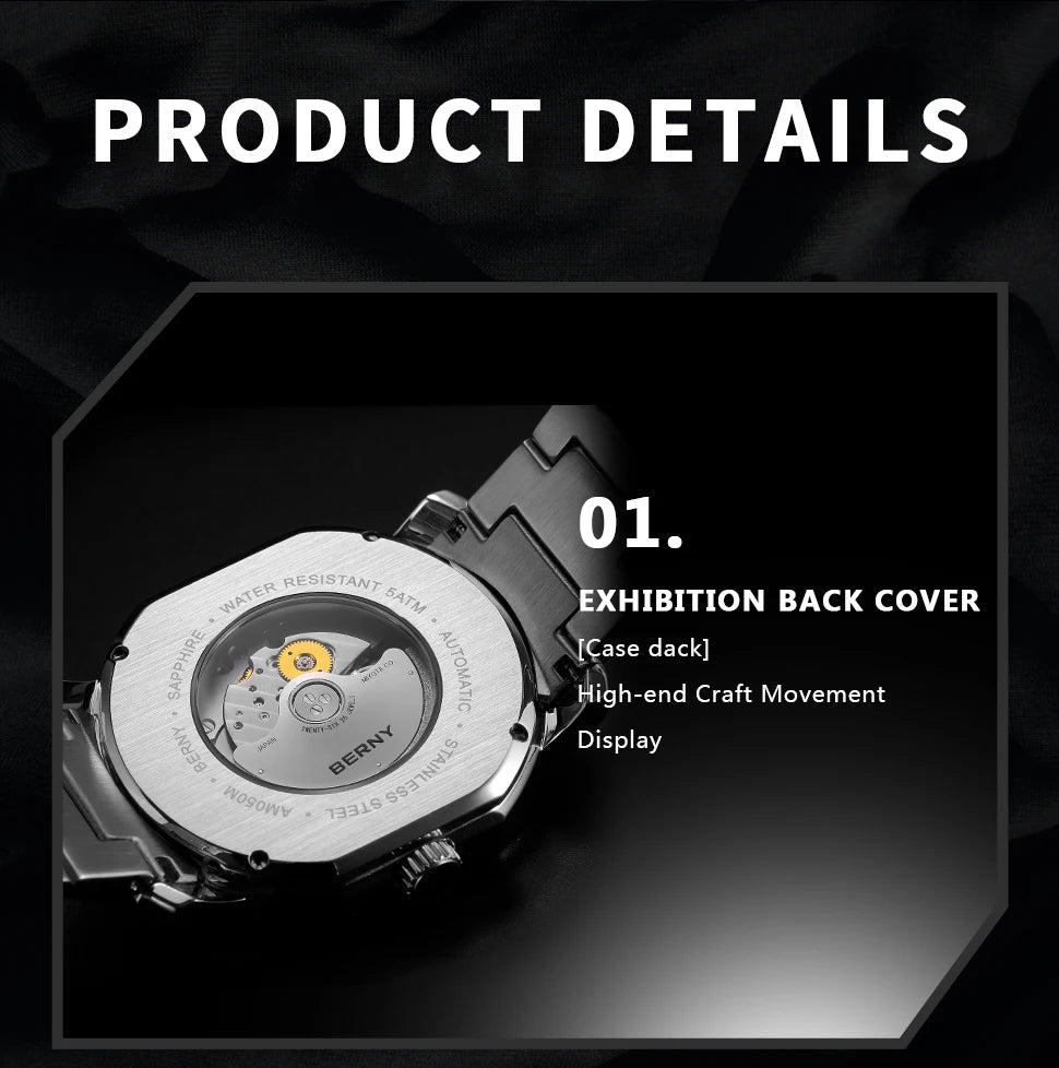 BERNY Men Mechanical Watch Top Accuracy Move Automatic Wristwatch Luxury Male Clock Sapphire Self-Winding Men's Watch Waterproof