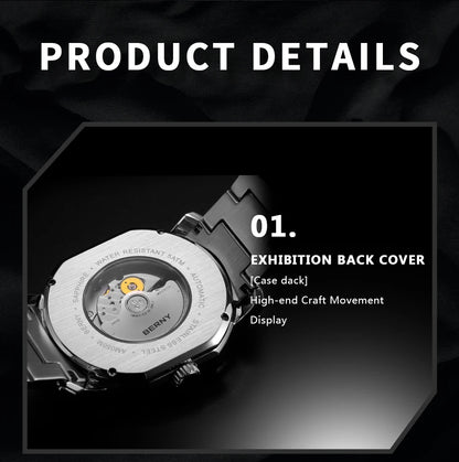 BERNY Men Mechanical Watch Top Accuracy Move Automatic Wristwatch Luxury Male Clock Sapphire Self-Winding Men's Watch Waterproof