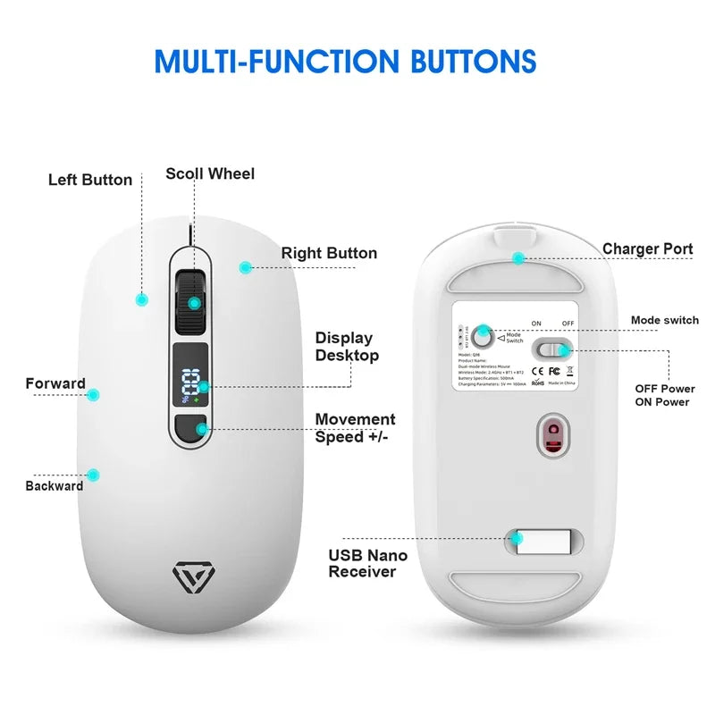 Lenovo Wireless Mouse Bluetooth 2.4G With Smart Display Silent Portable Silent Click Mouse Rechargeable Office Computers Laptops