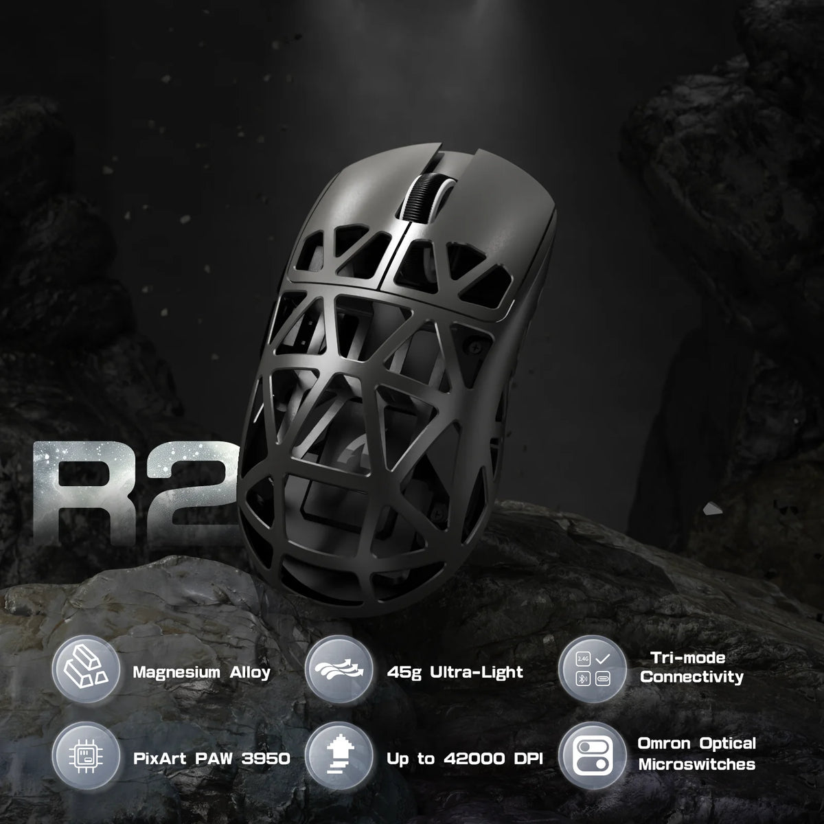 Ratón gaming ATTACK SHARK R2 de aleación de magnesio PAW3950, trimodo, 8000hz, 42000 DPI, ultraligero de 45g, microinterruptores de 100M clics