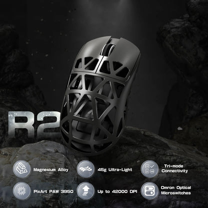 Ratón gaming ATTACK SHARK R2 de aleación de magnesio PAW3950, trimodo, 8000hz, 42000 DPI, ultraligero de 45g, microinterruptores de 100M clics