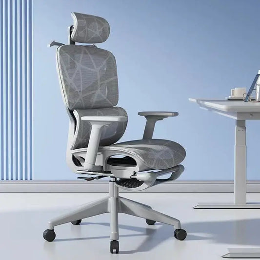 Podesiva ergonomska uredska stolica od mrežastog materijala, prozračna računalna stolica s visokim naslonom, 6D lumbalnom potporom i uvlačivim osloncem za noge