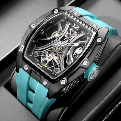 MEGIR Sports Style Automatic Mechanical Watch for Men Full Hollow Transparent Dial Design Stainless Steel Case Silicone Strap