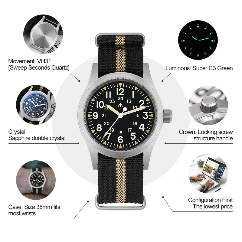 Militado ML05 Vintage Field Watch  VH31 Sweep Quartz Movement, Domed Sapphire Crystal, 38mm, Luminous & 100M Waterproof