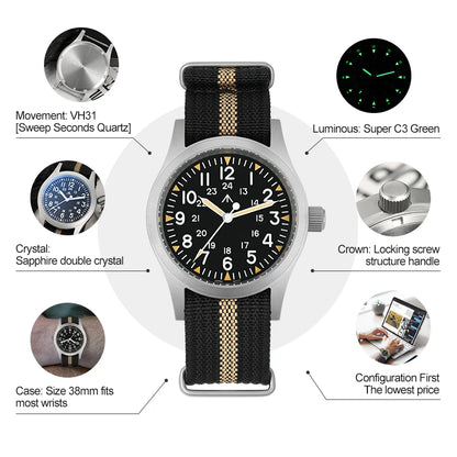 Militado ML05 Vintage Field Watch  VH31 Sweep Quartz Movement, Domed Sapphire Crystal, 38mm, Luminous & 100M Waterproof