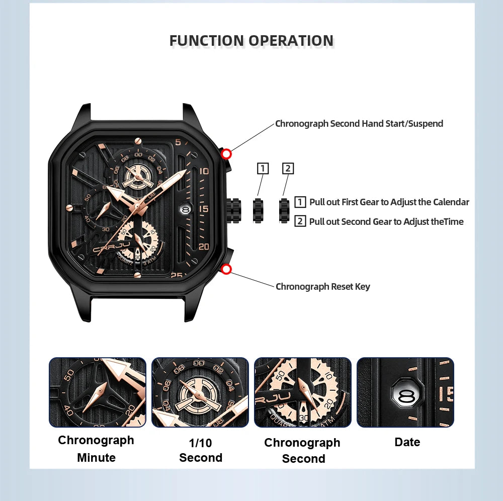 CRRJU Fashion Square Dial Leather Mens Watches Luxury Sport Waterproof Watch Man Chronograph Quartz WristWatches Homme+Box
