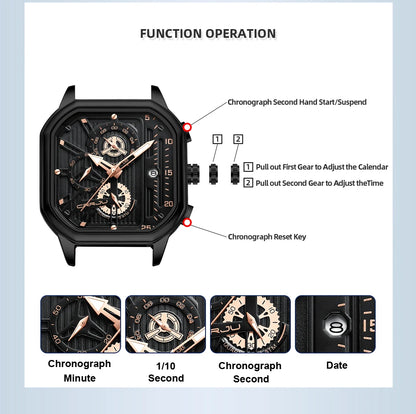 CRRJU Fashion Square Dial Leather Mens Watches Luxury Sport Waterproof Watch Man Chronograph Quartz WristWatches Homme+Box