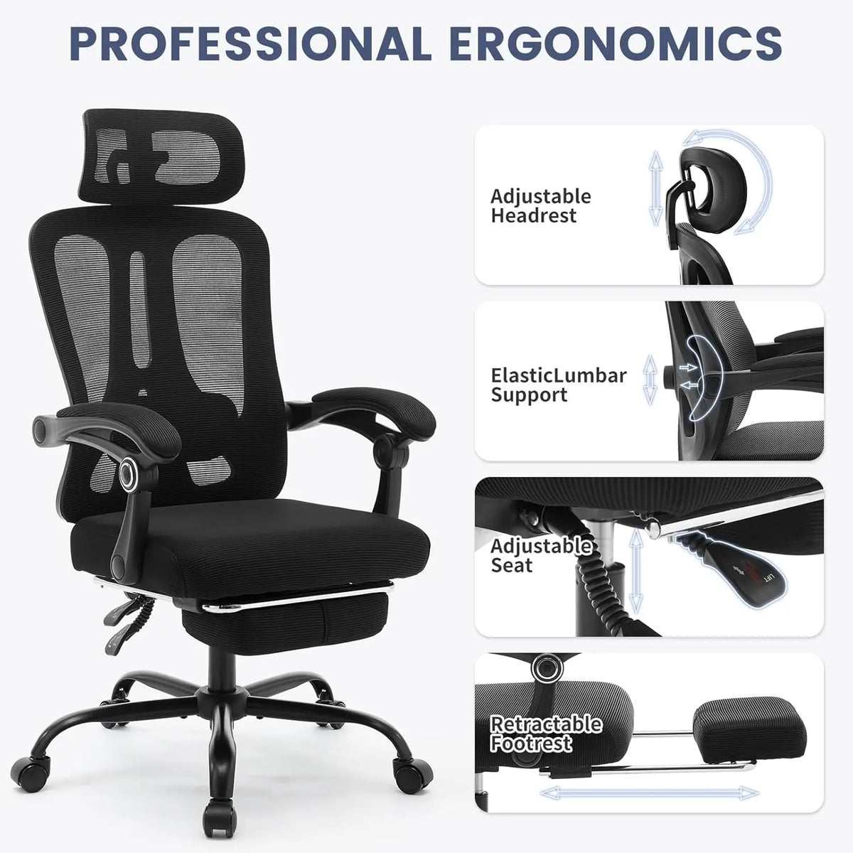 Ergonomic Office Chair with Adjustable Lumbar Support & Footrest, High-Back Mesh Gaming Chair, Reclining Home Office Desk Chair with Tilt Mechanism