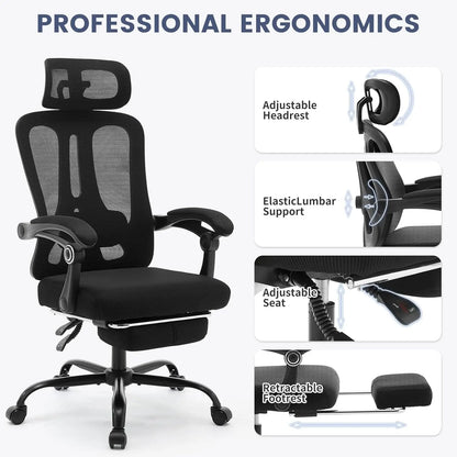 Ergonomic Office Chair with Adjustable Lumbar Support & Footrest, High-Back Mesh Gaming Chair, Reclining Home Office Desk Chair with Tilt Mechanism