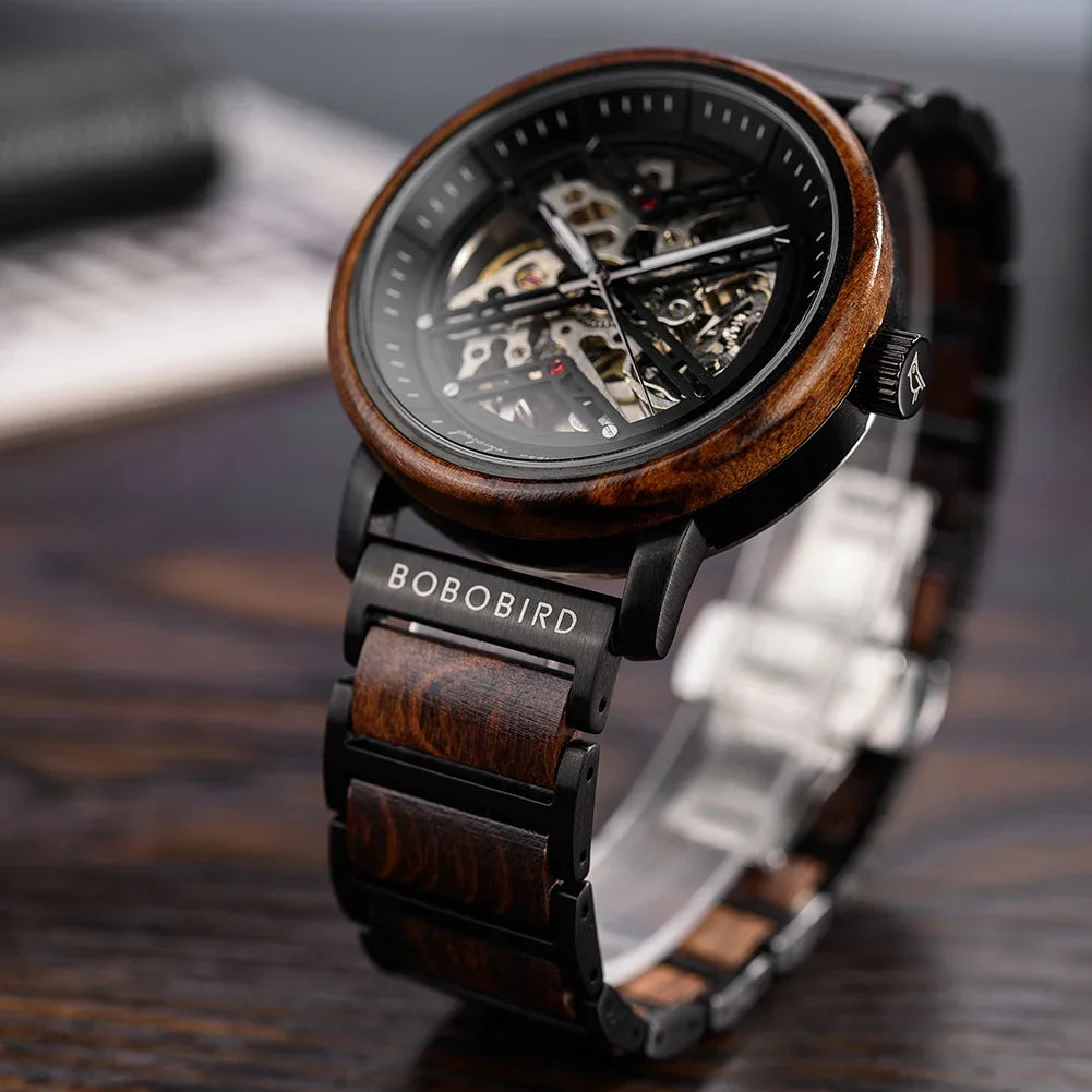 Automatic Mechanical Watch BOBO BIRD New Top Business Men Wooden Wristwatch Unique Custom Engraved Watches Christmas Gift Box
