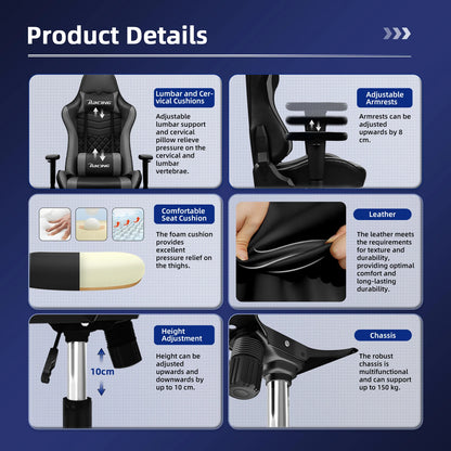 AUTHMIC Ergonomic Gaming Chair with Lumbar Support, Adjustable Armrest, Reclining Office Chair, 150kg Heavy Duty Gamer Chair for Home & Work