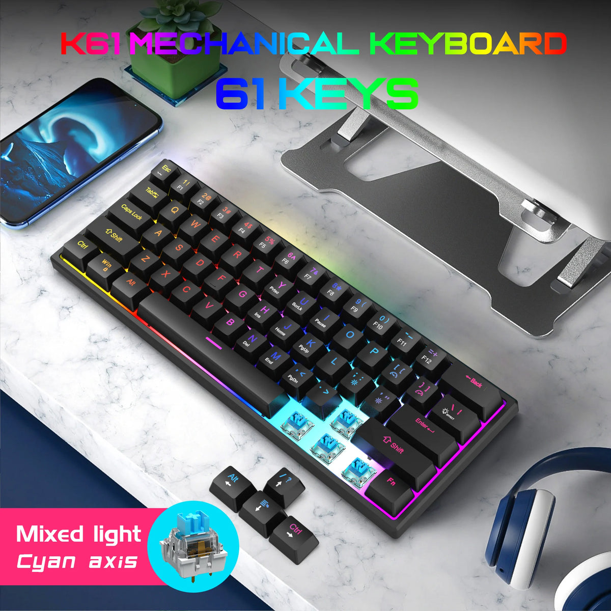104 Keys Mechanical Feel Keyboard Wired Gaming Keyboard for Laptop PC Ergonomics RGB Backlit 61Key Cyan Axis Keycaps Keyboard