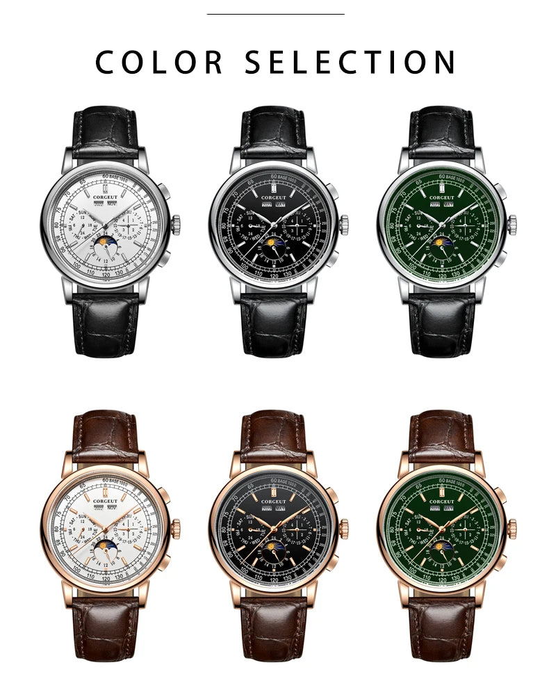 CORGEUT Automatic Mechanical Luxury Watches For Man Business Multification Date Day Month Year 316L Mechanical Men's Watches