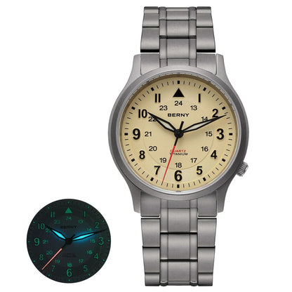 BERNY Titanium Watches for Men Classic Mens Field Watch Easy Read Outdoor Quartz Wristwatch Super Luminous Sapphire 5ATM