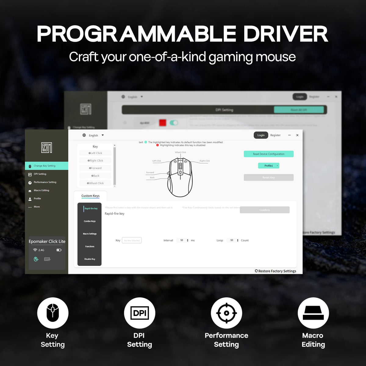 Mouse da gaming EPOMAKER Click Lite cablato/BT/wireless 2.4GHz con sensore PAW3311, da 800 a 24000 DPI e batteria da 500mAh per PC/Mac/Linux