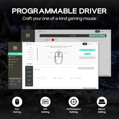 Mouse da gaming EPOMAKER Click Lite cablato/BT/wireless 2.4GHz con sensore PAW3311, da 800 a 24000 DPI e batteria da 500mAh per PC/Mac/Linux