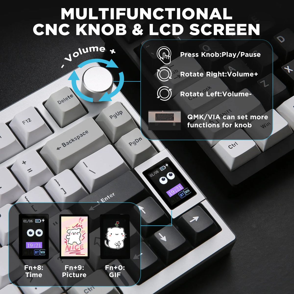 YUNZII AL80 Silver Wireless Mechanical Keyboard, Full Aluminum CNC Custom QMK/VIA Gaming Keyboard, LCD Display Hot Swap Keyboard