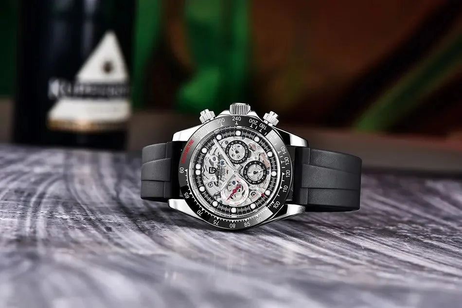 PAGANI Design - Relógio mecânico automático para homem com mostrador esqueletizado em círculo arco-íris, em aço inoxidável com cristal de safira - Relógios desportivos