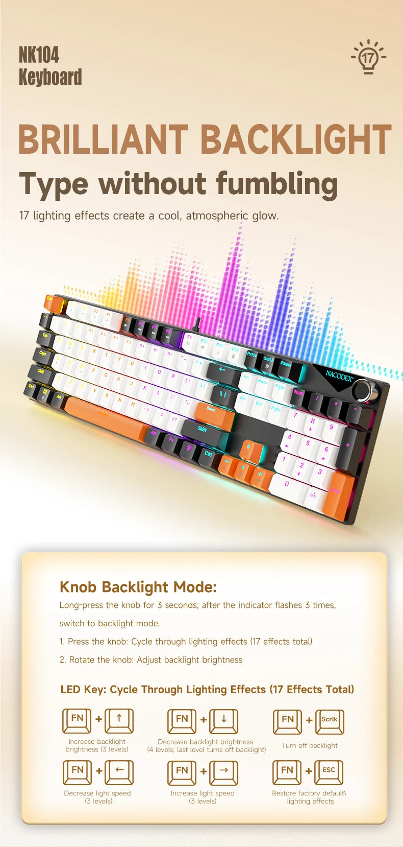 AJAZZ NK104 Wired Typing Mechanical Keyboard with Metal Knob Switch and Backlight Function for Laptops