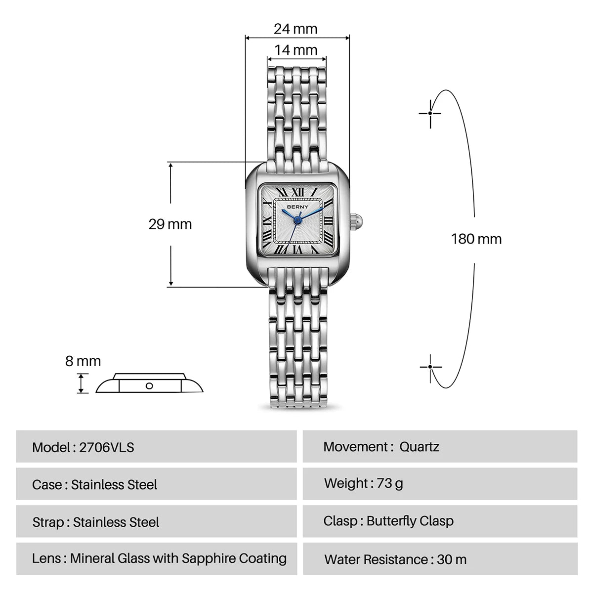 BERNY Luxury Brand Woman Watch New In High Quality S/S Square Ladies Quartz Watches Fashion Elegant Business Wristwatch