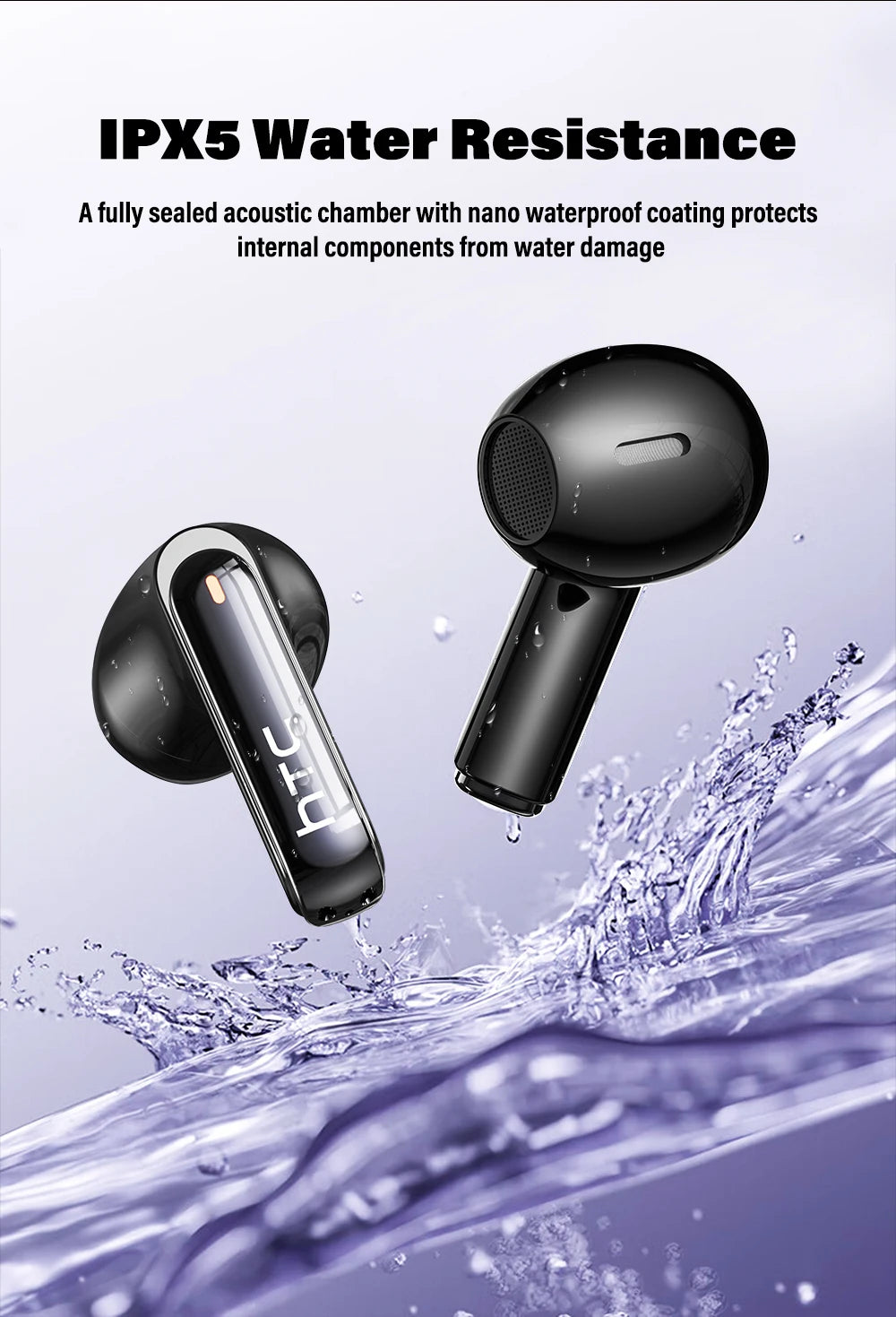 HTC NE70 Bluetooth 5.3 TWS Earbuds Touch Screen AI Translator Gaming Earphones with Noise Reduction, Deep Bass Wireless In-Ear Headphones