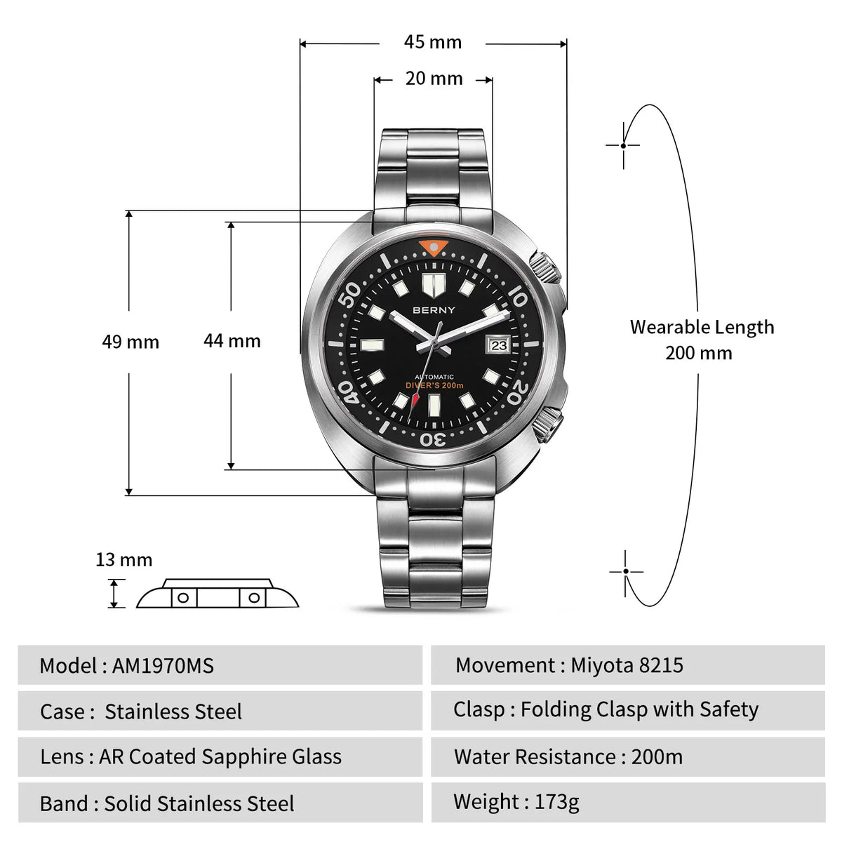 BERNY Automatic Dual Crown Diver Watch For Men Super Luminous Miyota 8215 Sapphire Swim Sport 20ATM Mechanical Men's Dive Watch