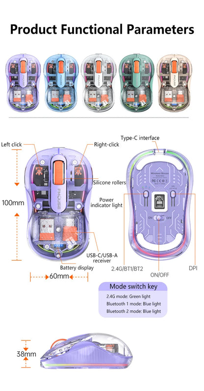 Lenovo Transparent Wireless Mouse Tri-Mode Bluetooth 2.4G Rechargeable RGB Breathing Light Mouse for Laptop PC Office