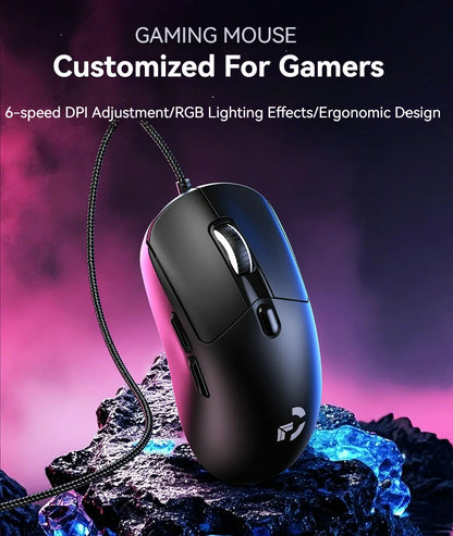 Ratón gaming con cable, 6 niveles de DPI ajustables hasta 12800DPI, chip A825 instantáneo, RGB, programación de macros, diseño ergonómico, ratón universal