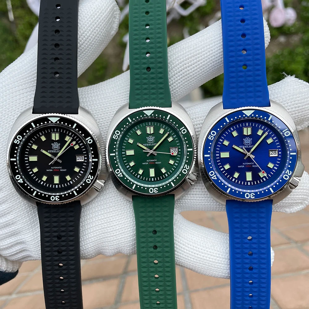 SD1970 Marca STEELDIVE, 44 mm, vidro de safira com revestimento AR transparente, luneta em cerâmica, movimento NH35, relógio de mergulho automático «Turtle»