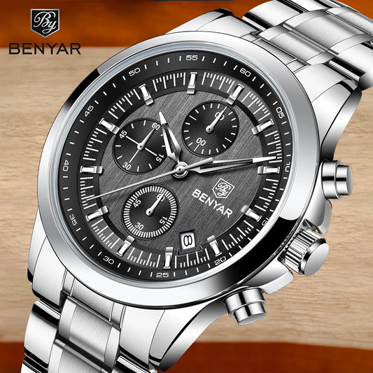 BENYAR 40mm Men’s Luxury Quartz Watch Stainless Steel, 50M Water Resistant & Sport Diving Design