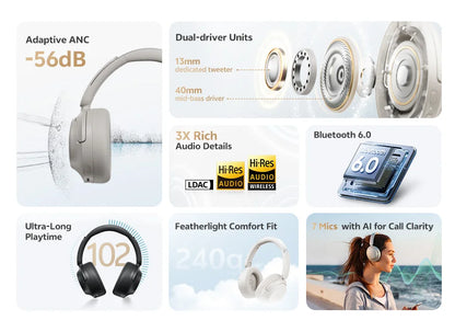 QCY H3S – Adaptiver ANC-Over-Ear-Bluetooth 6.0-Kopfhörer mit -56dB – Hi-Res LDAC Wireless-Headset, 102H Akku, räumlicher Klang mit Dual-Treiber