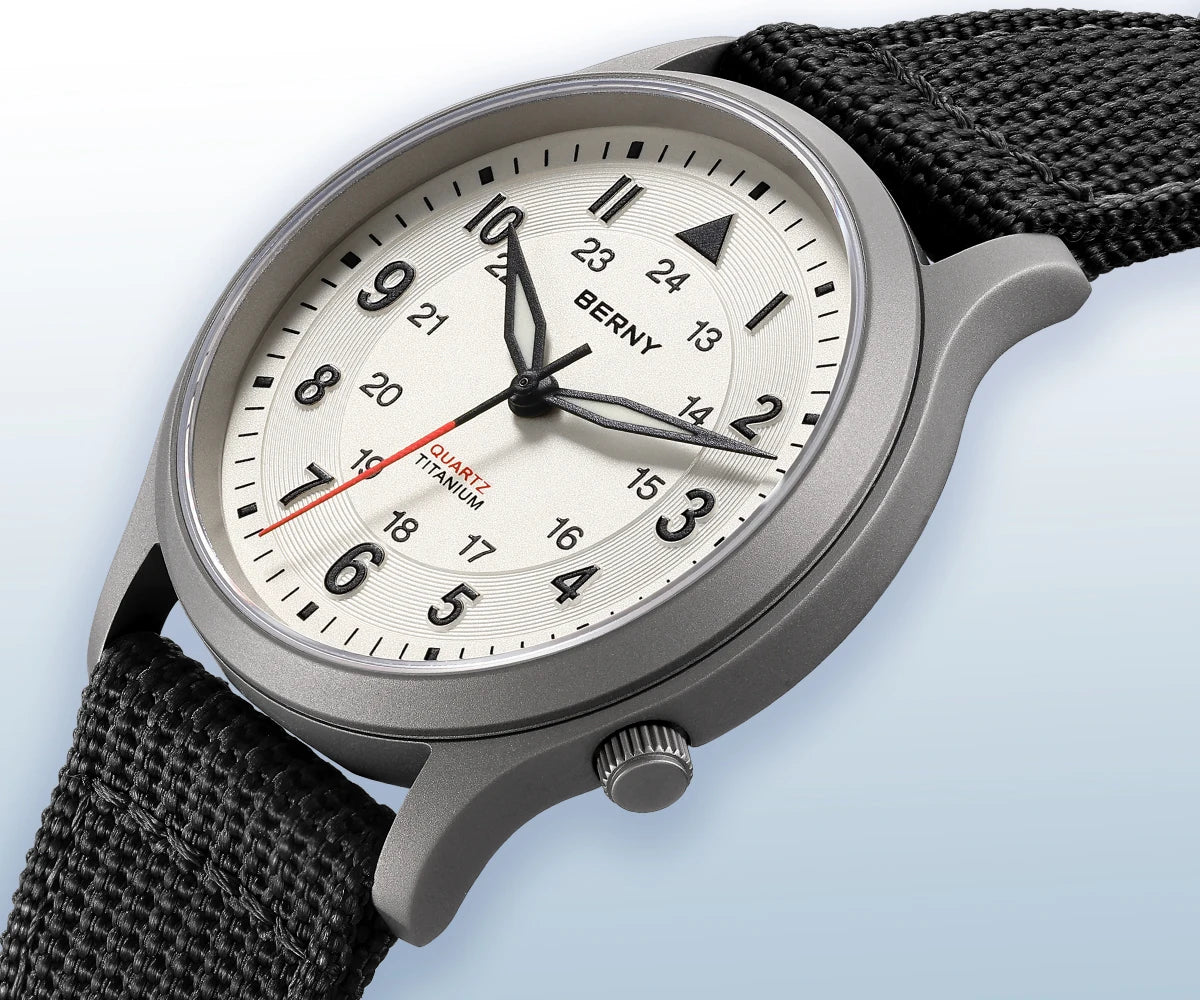BERNY Titanium Watches for Men Classic Mens Field Watch Easy Read Outdoor Quartz Wristwatch Super Luminous Sapphire 5ATM