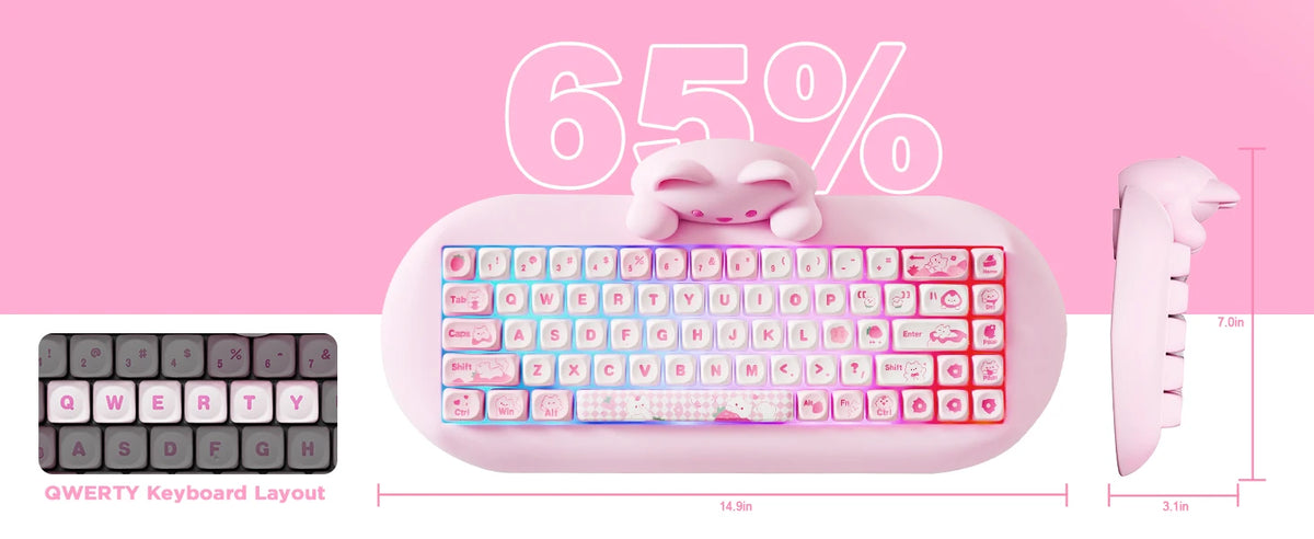 YUNZII C68 Pink 65% Hi-Fi Cute Cat Silicone Hot Swap NKRO  Ergonomic Wireless BT5.0/2.4G/Wired RGB Mechanical Gaming Keyboard