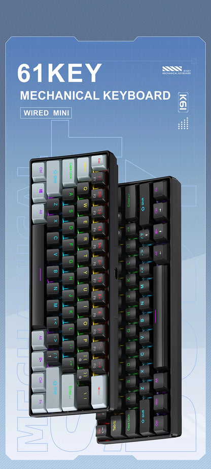 APAYADO K61 60% mini drátová herní mechanická klávesnice Phantom RGB, 61 kláves, červené/modré spínače, ergonomická, přenosná pro PC/notebook