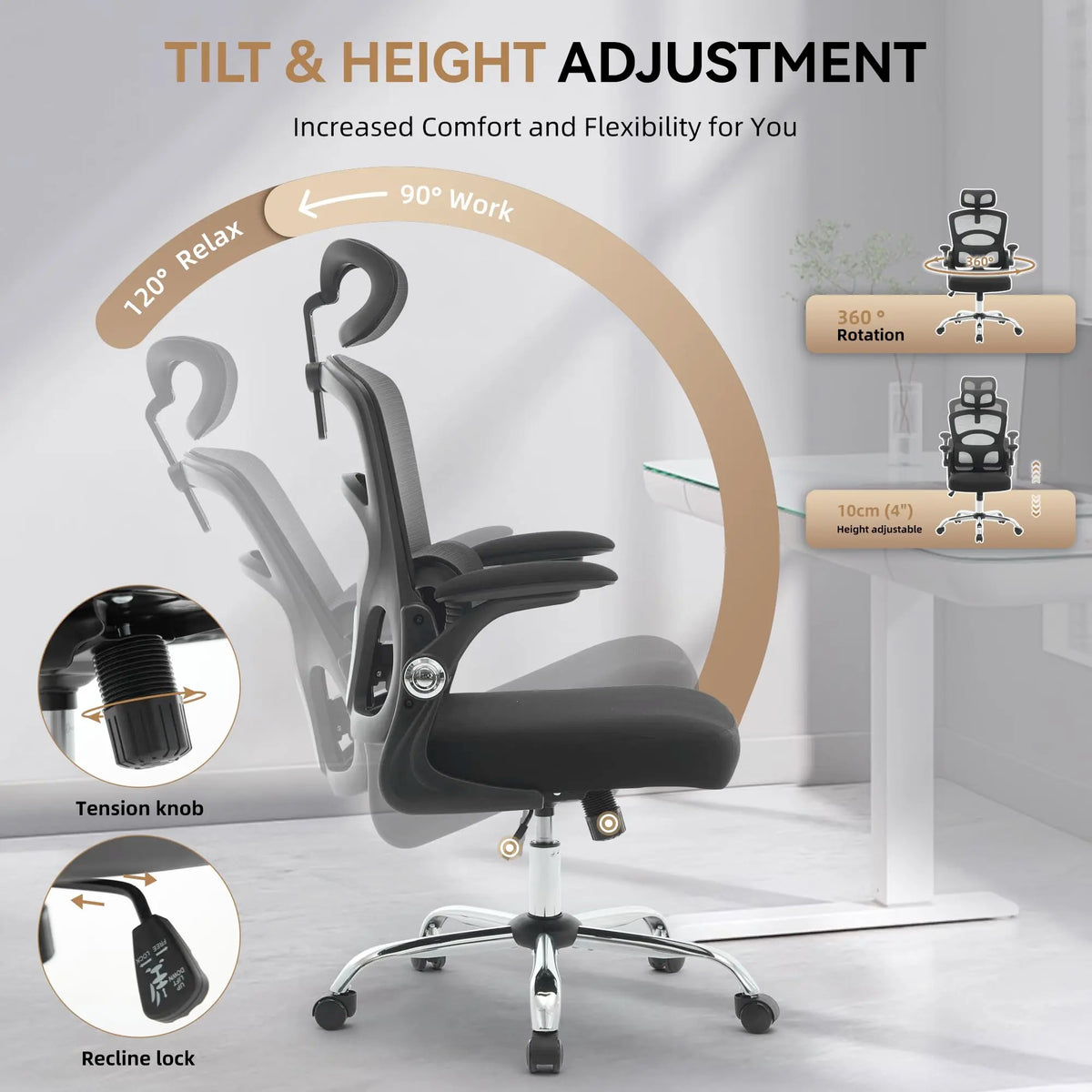Ergonomic High Back Mesh Office Chair with Adjustable Headrest, Lumbar Support, 360° Swivel Rolling Computer Gaming Chair for Home Office