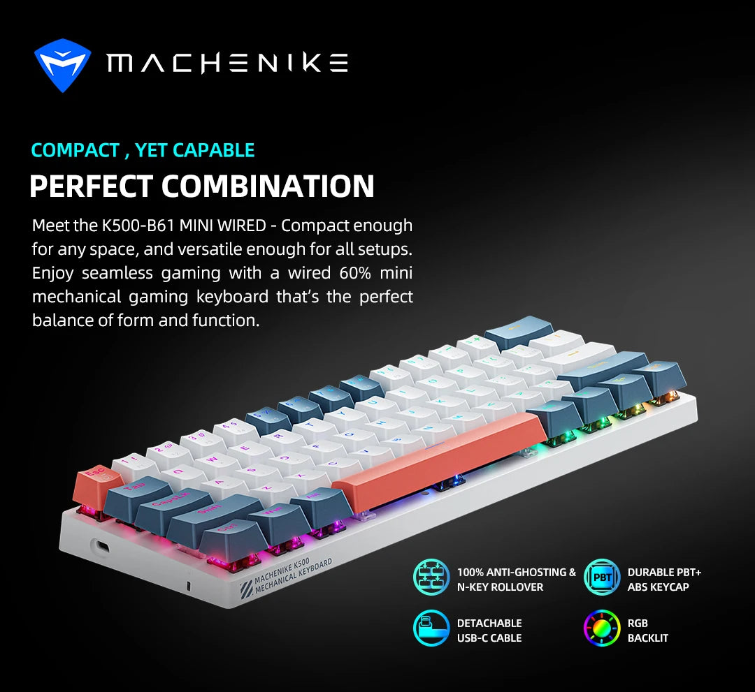 K500-B61 Machenike mini mehanička tipkovnica, format 60%, 61 tipka, gaming tipkovnica, žična, potpuno hot-swappable, RGB pozadinsko osvjetljenje
