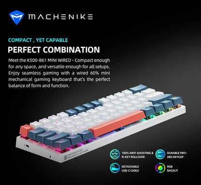 K500-B61 Machenike mini mehanička tipkovnica, format 60%, 61 tipka, gaming tipkovnica, žična, potpuno hot-swappable, RGB pozadinsko osvjetljenje