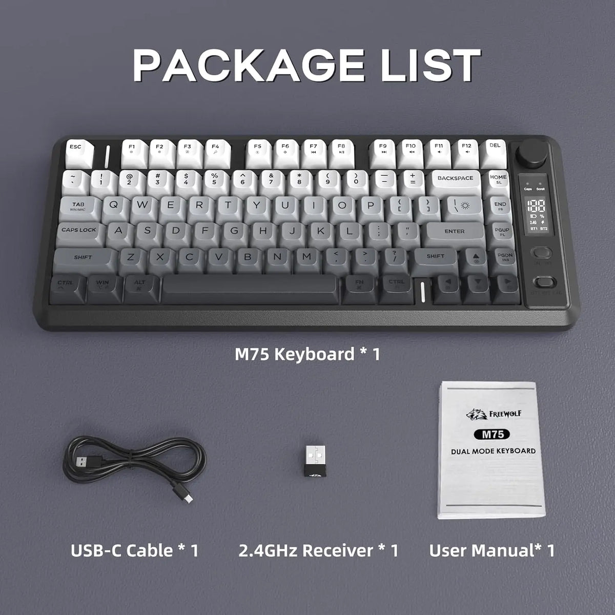 ATTACK SHARK M75 Wireless Membrane Gaming Keyboard with OLED Display, Bluetooth & 2.4GHz Tri-Mode, RGB Backlit PBT Keycaps, Multifunction Knob