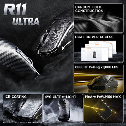 ATTACK SHARK R11 ULTRA brezžična gaming miška iz ogljikovih vlaken, 8000Hz, PAW3950MAX, 42000DPI, lahka 49g, 20000FPS, Nordic 52840
