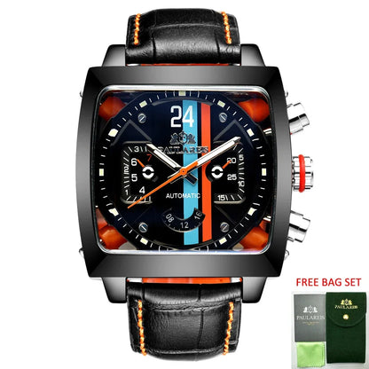 Automatic Watches for Men Mechanical Genuine Leather Stainless Steel Black Orange Blue Casual 40mm Perspective See Through Watch