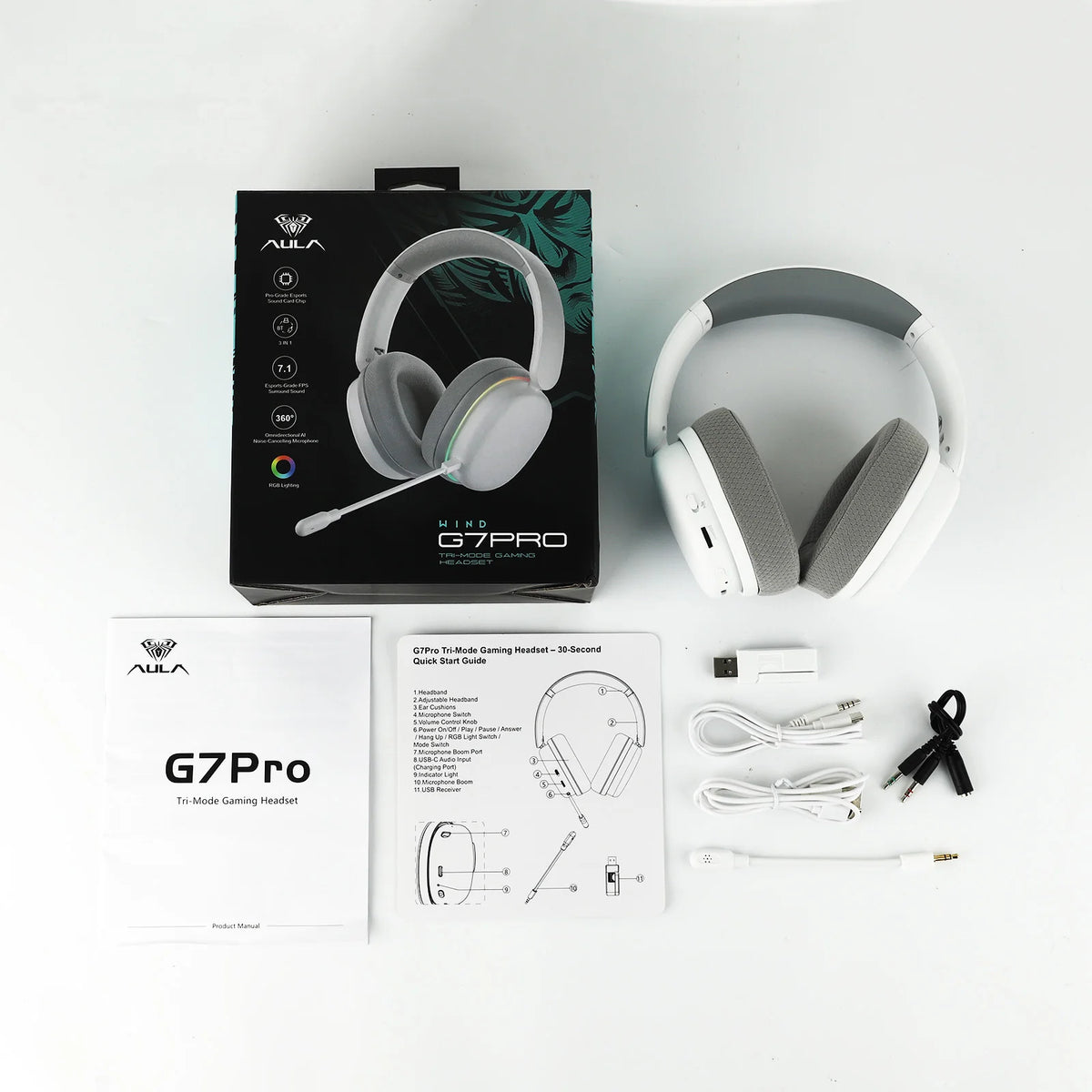 Auriculares gaming AULA G7 Pro con sonido envolvente 7.1, Bluetooth 5.3 inalámbrico y micrófono con cancelación de ruido para PS5/PS4/PC/Switch