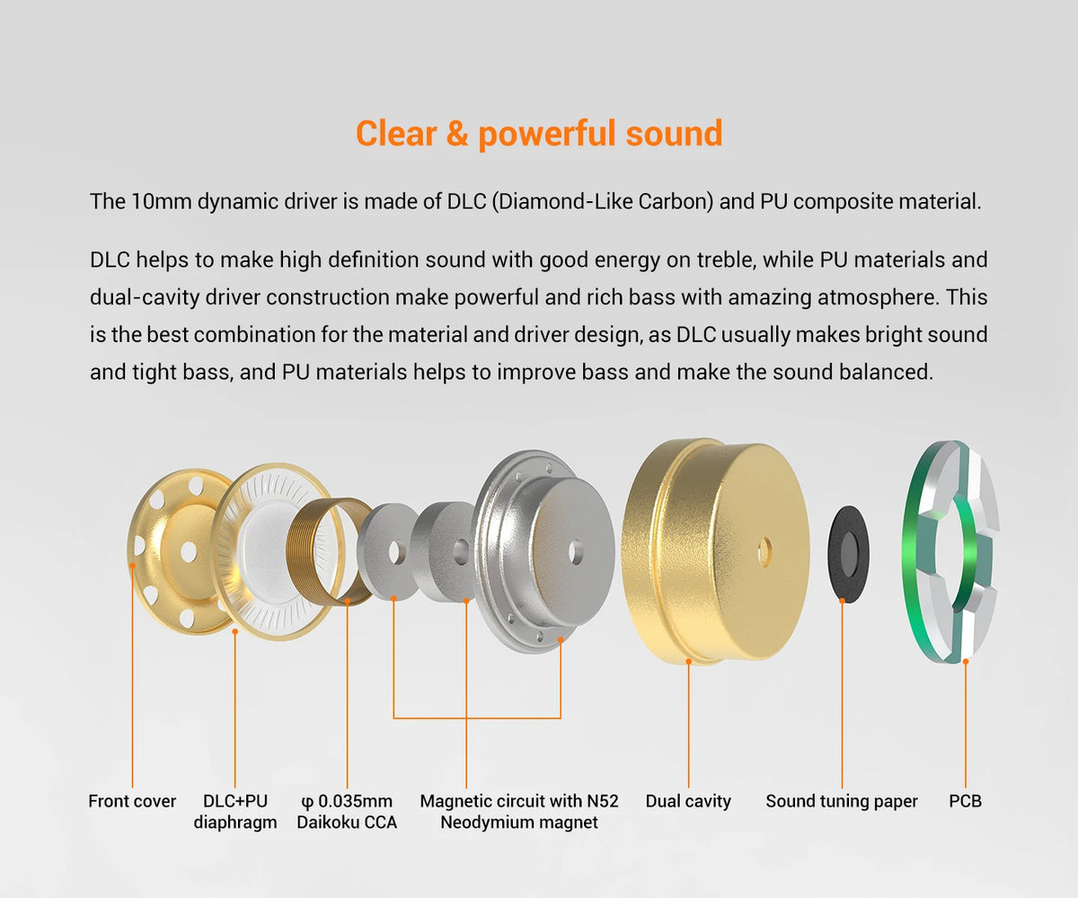 Auscultadores intra-auriculares com fio KEFINE Delci HiFi com driver dinâmico DLC+PU de 10 mm, estrutura metálica CNC e cabo destacável de 0,78 mm com 2 pinos
