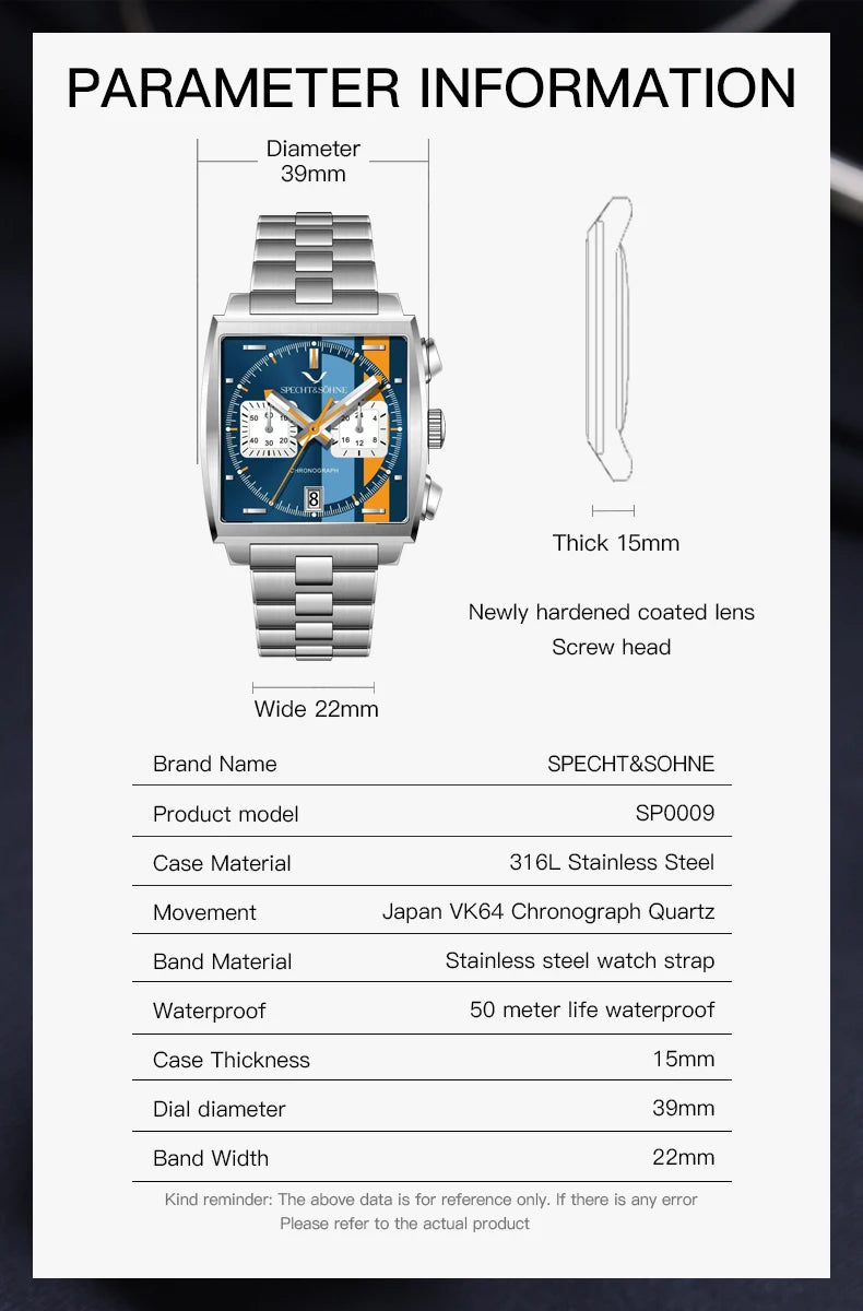 Relojes Hombre Specht & Söhne New Hot Watches Men Luxury Brand Male Japan VK64 Chronograph Trendy Sport Wristatch Waterproof