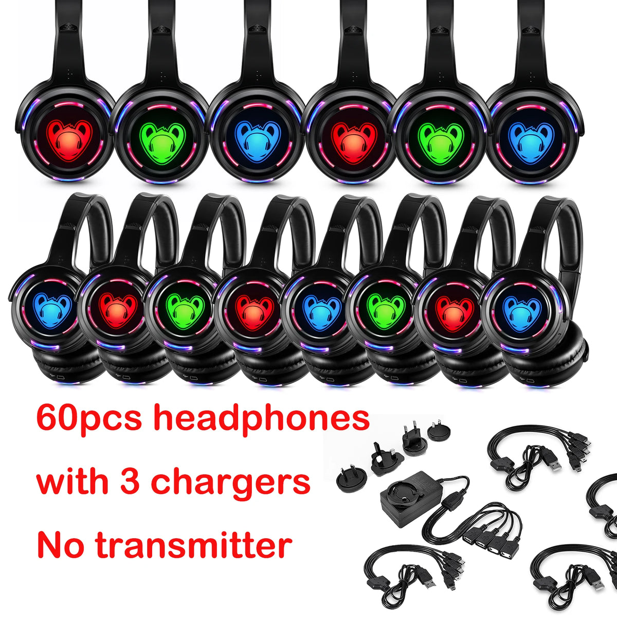 Silent Disco Wireless Headphones RF LED DJ Party Headset 863–865MHz/915MHz with 3-Channel LED Lighting & 10H Battery